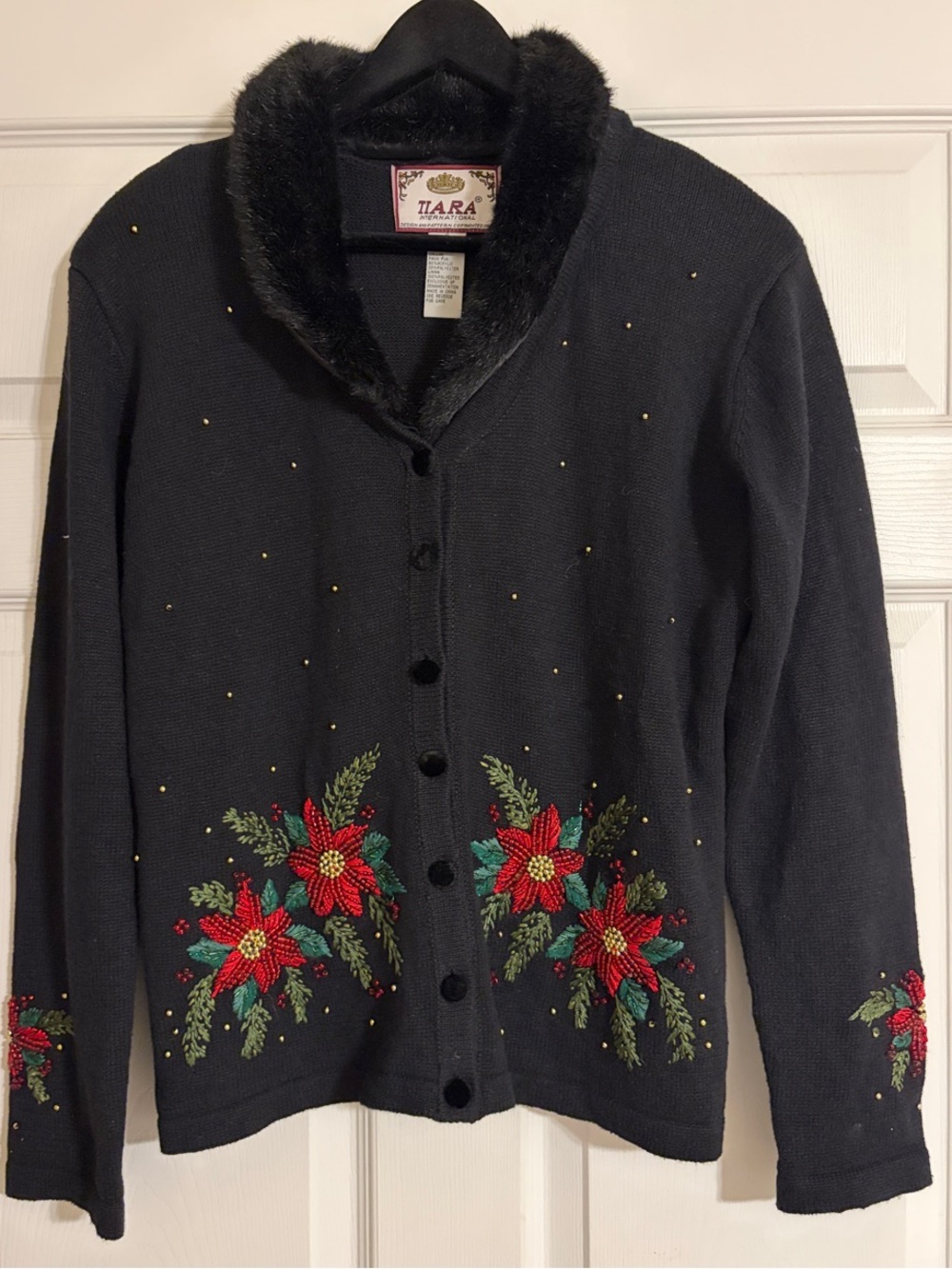 Vtg Tiara Christmas Poinsettia Cardigan Faux Fur Collar - Size Small